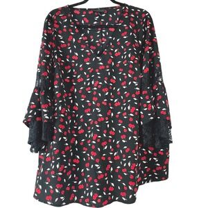 Lane Bryant Plus Size Women Blouse Red Black‎ 18/20 Cherry Print Lace Cuff